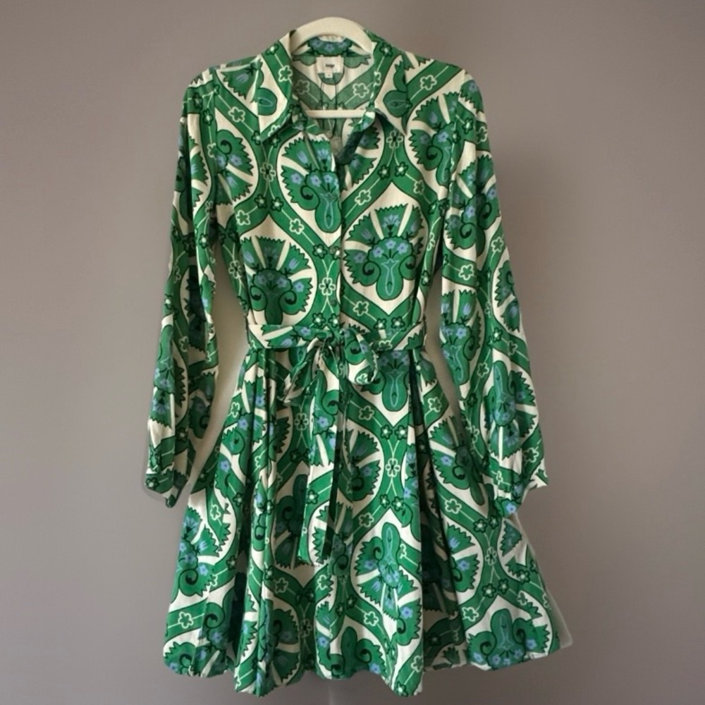 AN’GE Retro Abstract Print Shirt Dress S Green Tie Waist French Boho